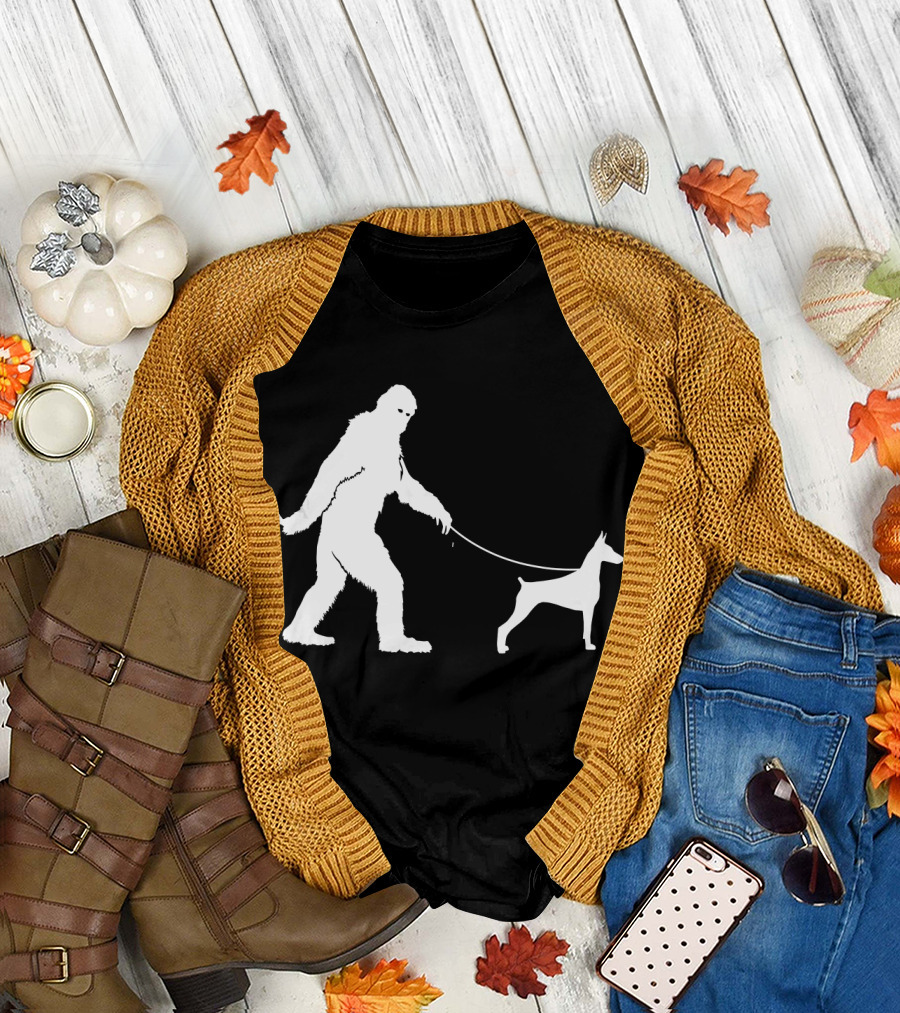 Bigfoot Walking Doberman Funny Cute Sasquatch T-Shirt