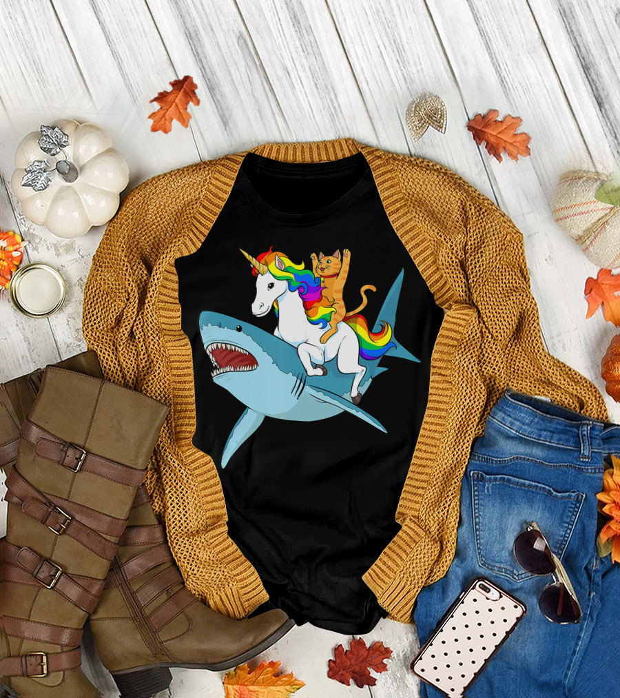 Cat Riding Rainbow Unicorn Riding Shark T-Shirt