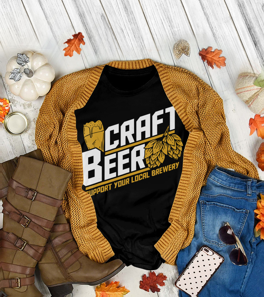 Craft Beer Support Your Local Brewery Pint and Hops T-Shirt