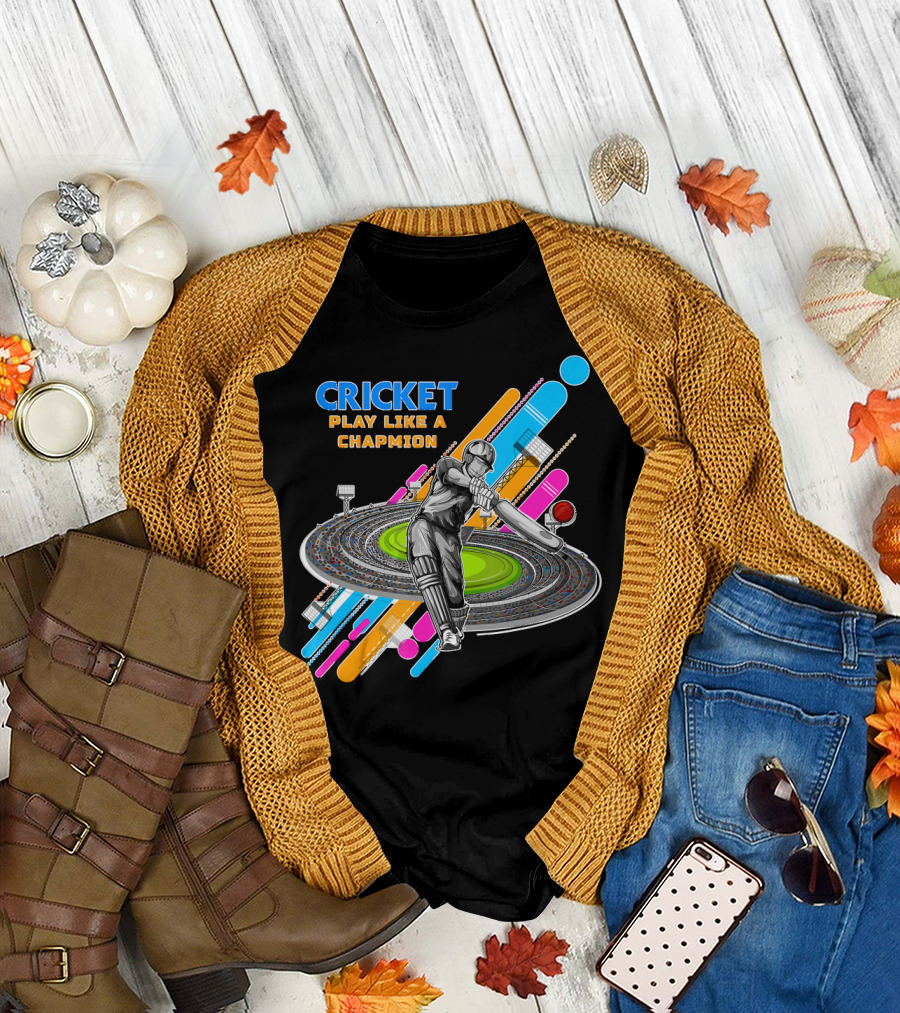Cricket Play Like a Champion Dynamic Batter Stadium Scene T-Shirt