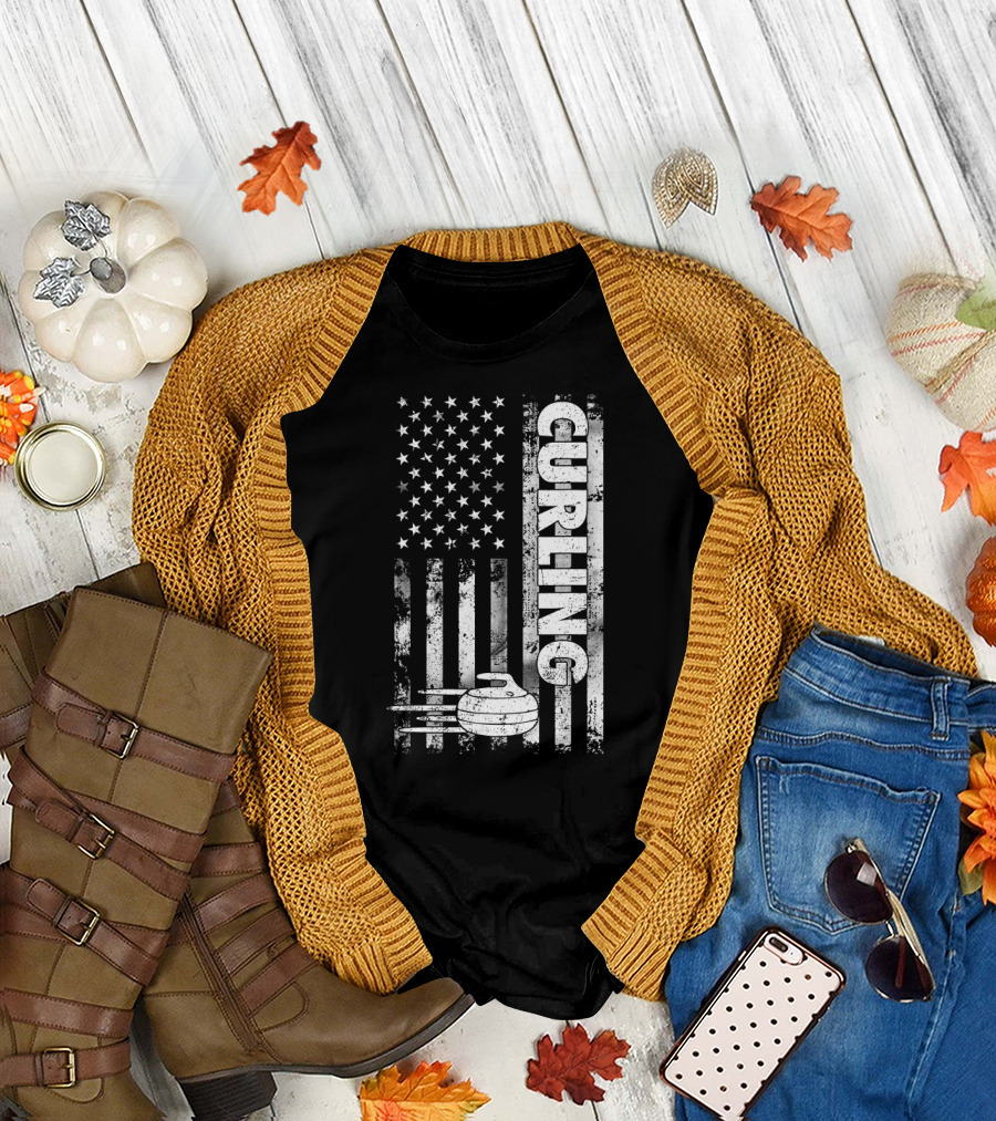 Curling Rock USA Flag Stars and Stripes Curling T-Shirt