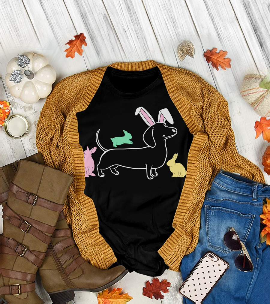 Dachshund Easter Bunny Ears with Colorful Bunnies T-Shirt