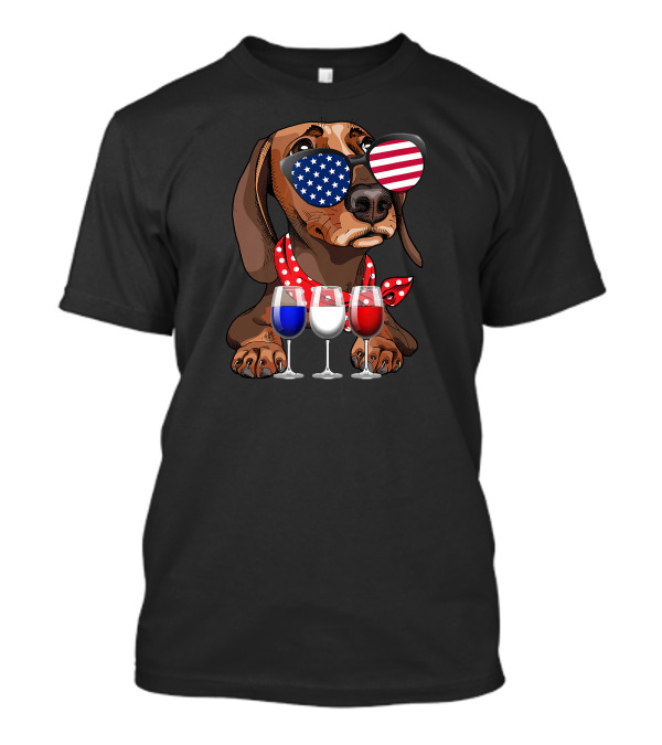 Dachshund With American Flag Sunglasses And Wine Glasses For 4th Of July T-Shirt