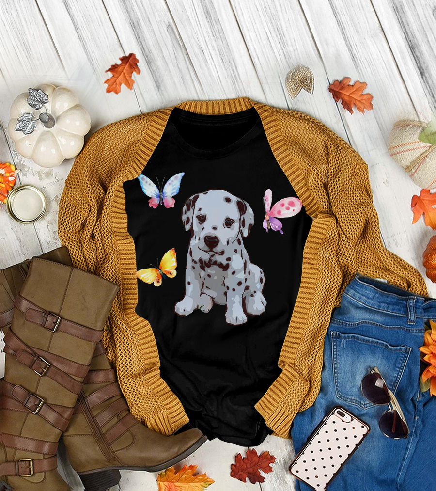 Dalmatian Puppy Surrounded by Colorful Butterflies T-Shirt