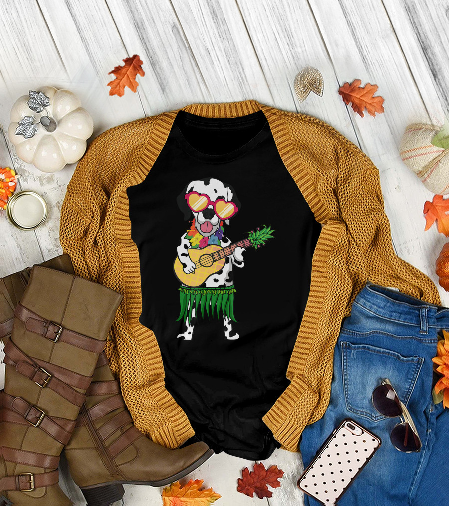 Dalmatian Hawaiian Costume Playing Ukulele with Pineapple Design and Heart Sunglasses T-Shirt