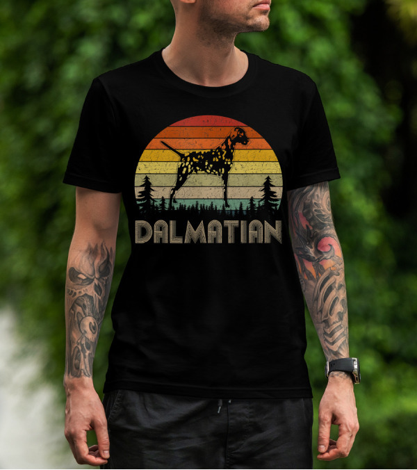 Dalmatian Vintage Dog Rainbow Sunset Retro 70's Forest Stripes T-Shirt