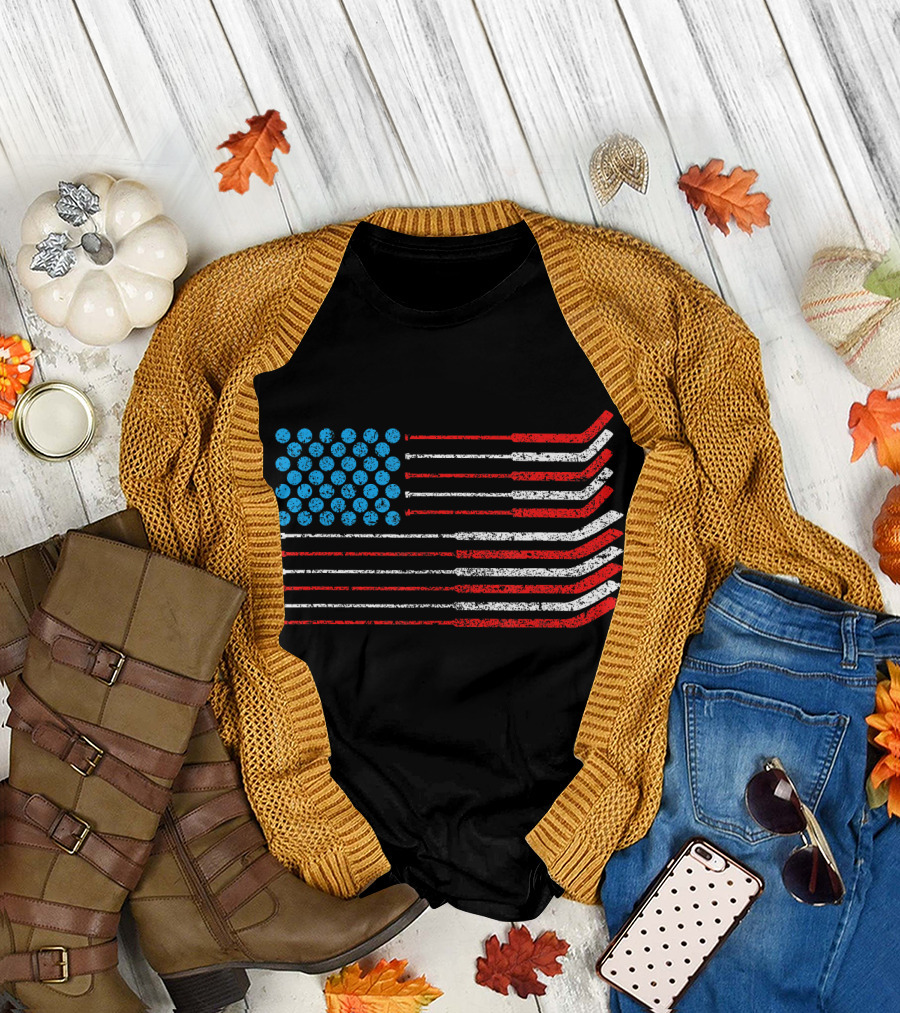American Flag Patriotic 4th Of July Hockey Sticks T-Shirt