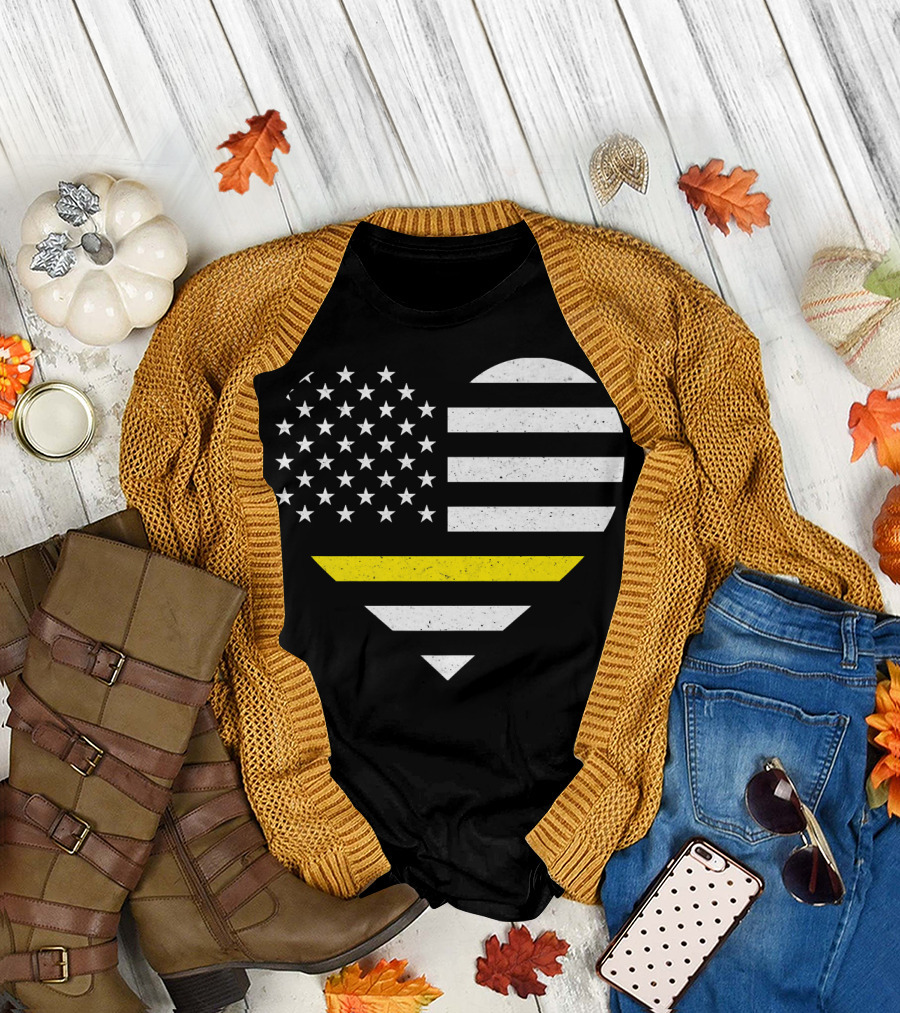 American Flag Thin Gold Line Heart 911 Dispatcher T-Shirt