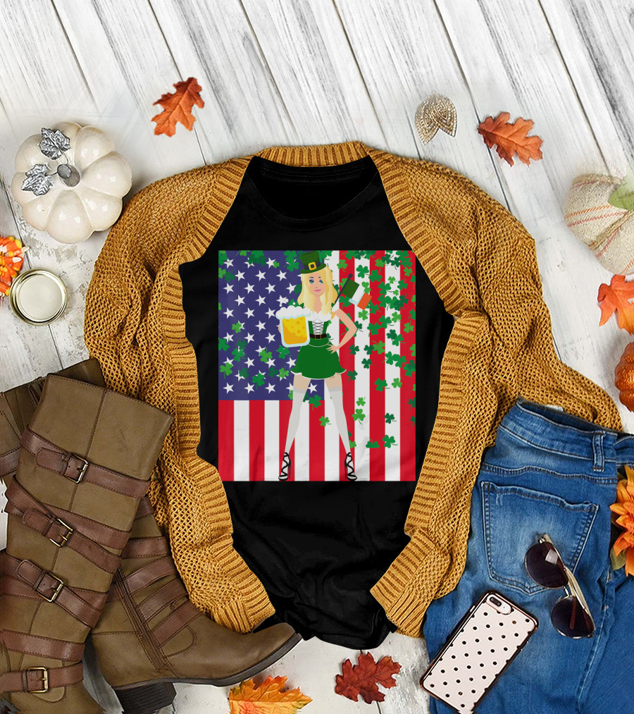 American Irish Flag St Patrick's Day Leprechaun Girl with Beer and Shamrocks T-Shirt