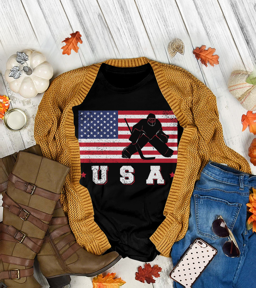 USA Hockey Goalie with American Flag Background T-Shirt