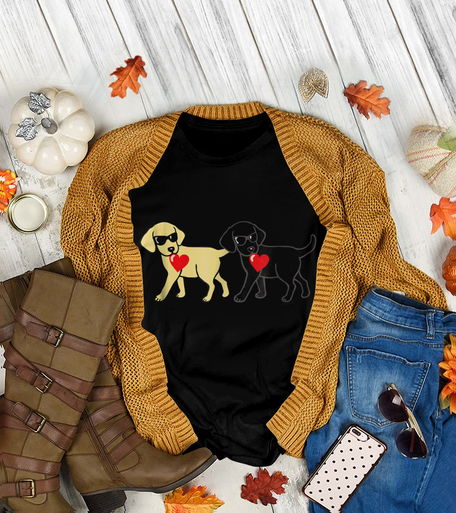 Cool Yellow and Black Labradors with Heart Valentine T-Shirt