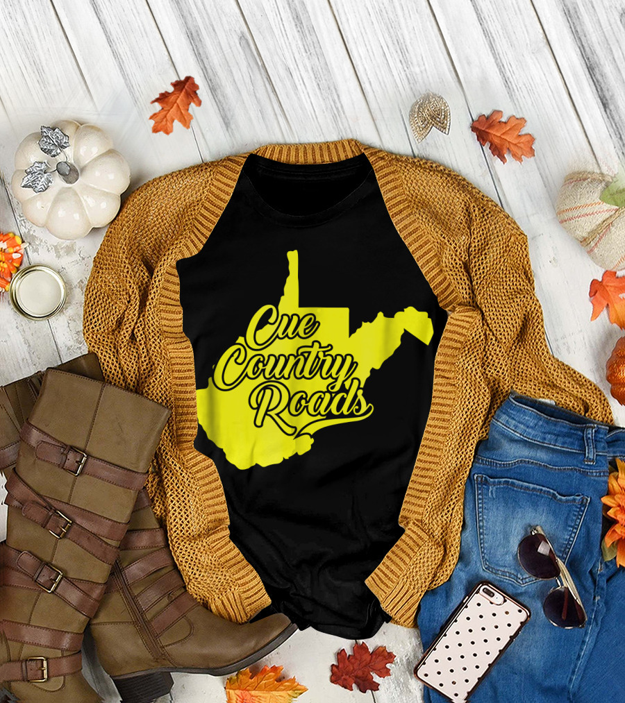 Cue Country Roads Gold and Blue West Virginia State Outline T-Shirt