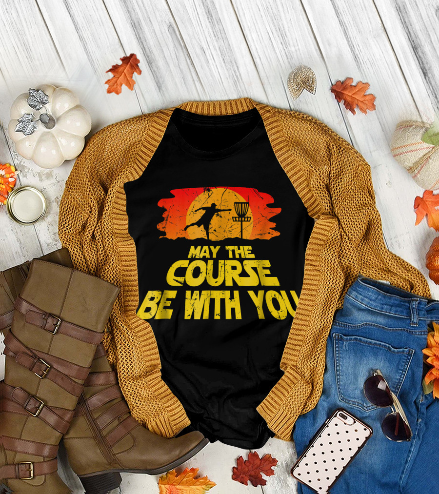 May the Course Be With You Disc Golf Sunset Scene T-Shirt