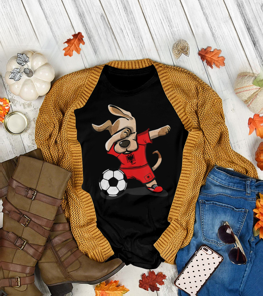 Dog Dabbing Albania Soccer Jersey with Albanian Flag and Soccer Ball T-Shirt