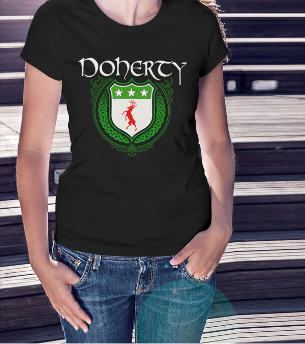 Doherty Surname Irish Last Name Heraldry Crest With Deer And Stars T-Shirt
