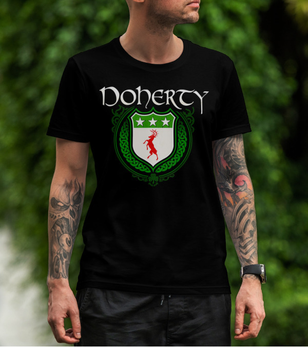 Doherty Surname Irish Last Name Heraldry Crest With Deer And Stars T-Shirt