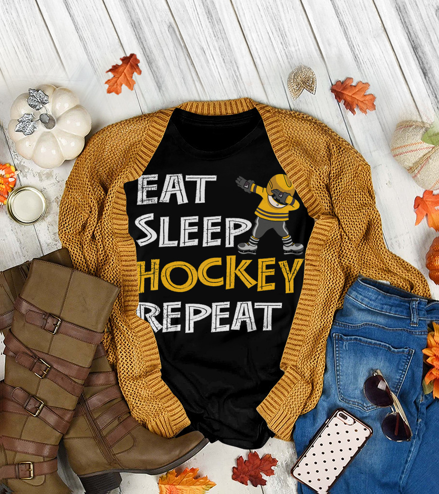 Eat Sleep Hockey Repeat Dabbing Player in Yellow Jersey T-Shirt
