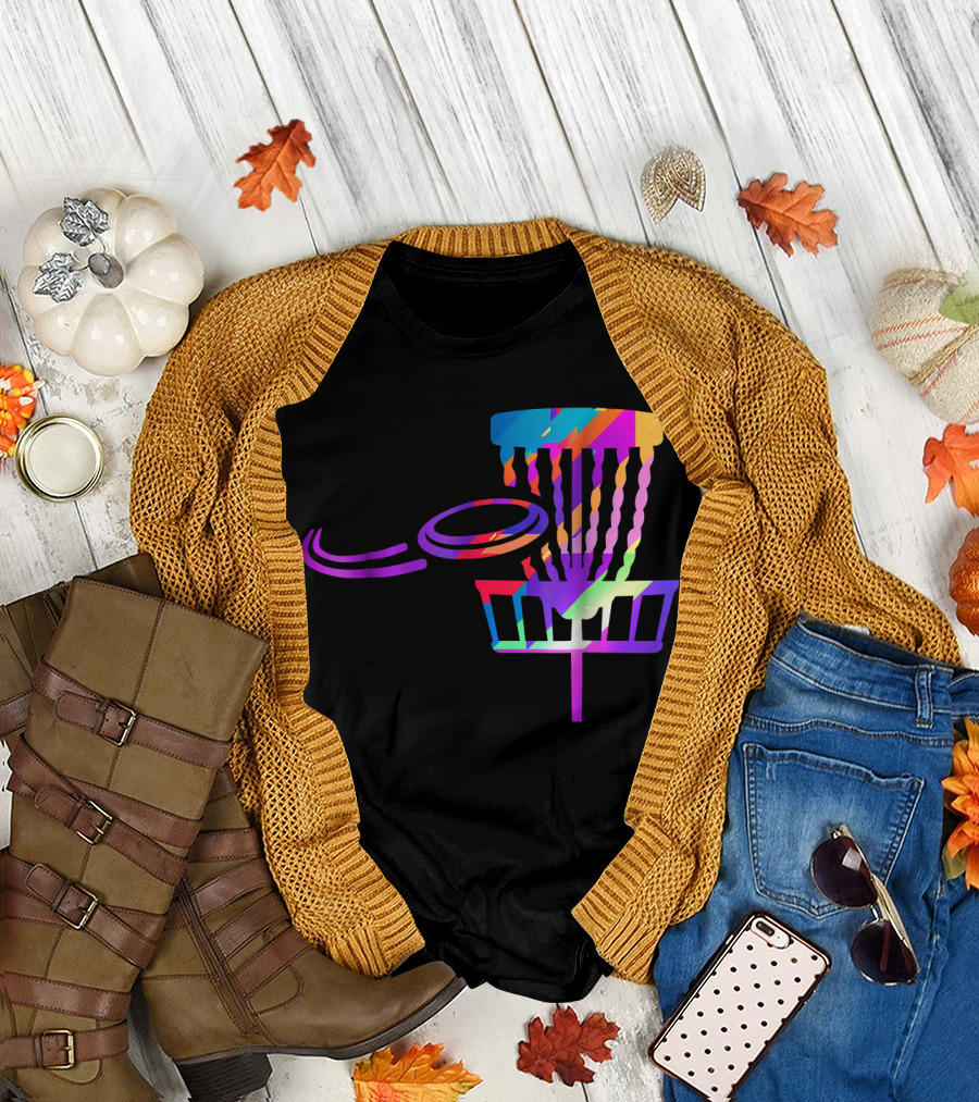 EDM Rave Disc Golf Basket and Frisbee Psychedelic Colors T-Shirt