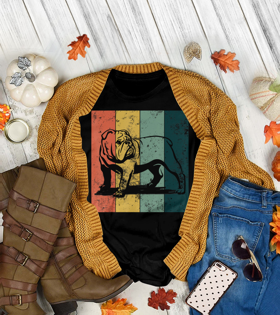 Vintage English Bulldog Colorful Retro Stripes T-Shirt