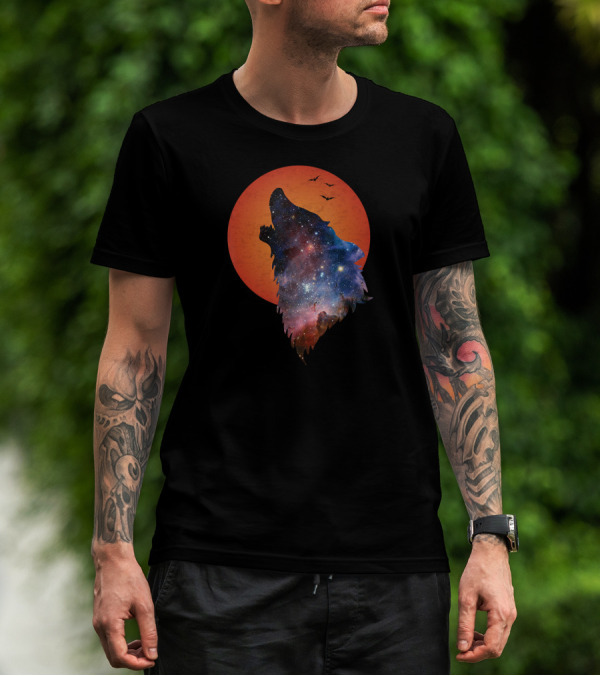 Galaxy Howling Wolf Full Moon Horror T-Shirt