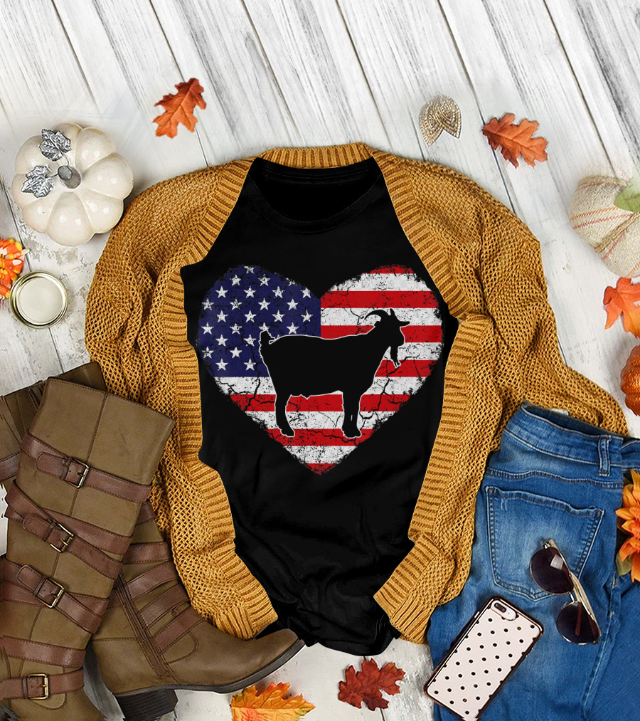 Goat Silhouette Over Vintage American Flag Heart T-Shirt