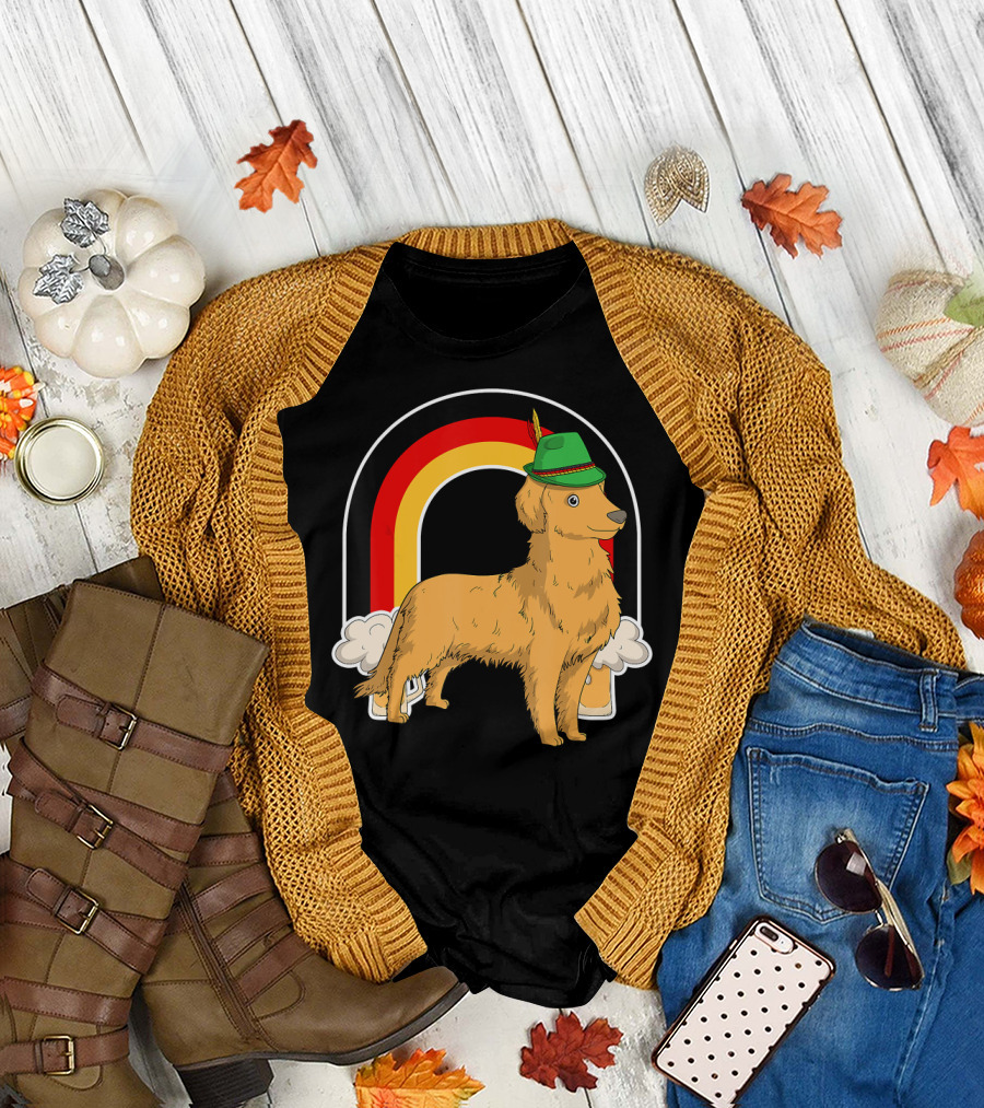 Golden Retriever Dog Oktoberfest Beer Prost with Hat and Rainbow T-Shirt