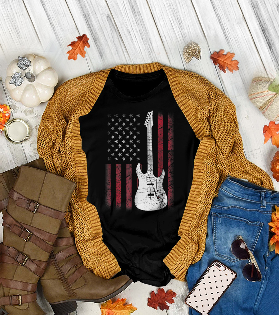 Guitar American US Flag Music T-Shirt