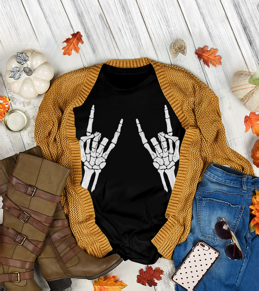 Halloween Skeleton Rocker Hand Gesture Bones T-Shirt