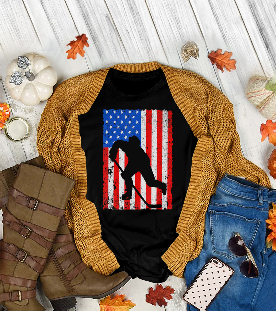 Patriotic Hockey Player American Flag Merica 4th July T-Shirt