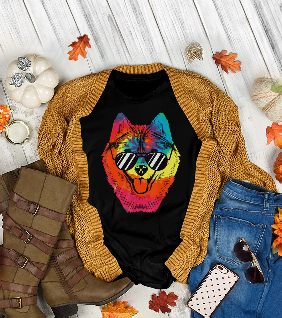 Husky Dog Tie Dye Hippie Husky Sunglasses Psychedelic Rainbow T-Shirt