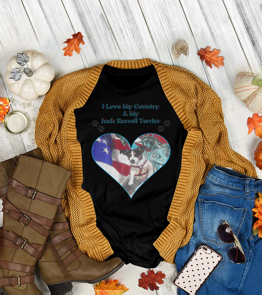 I Love My Country My Jack Russell Terrier Statue of Liberty USA Flag Heart T-Shirt