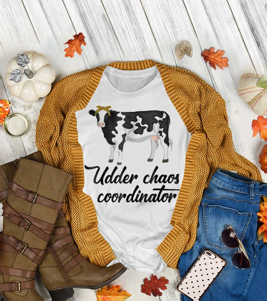 Udder Chaos Coordinator Funny Cow with Leopard Print Bandana T-Shirt