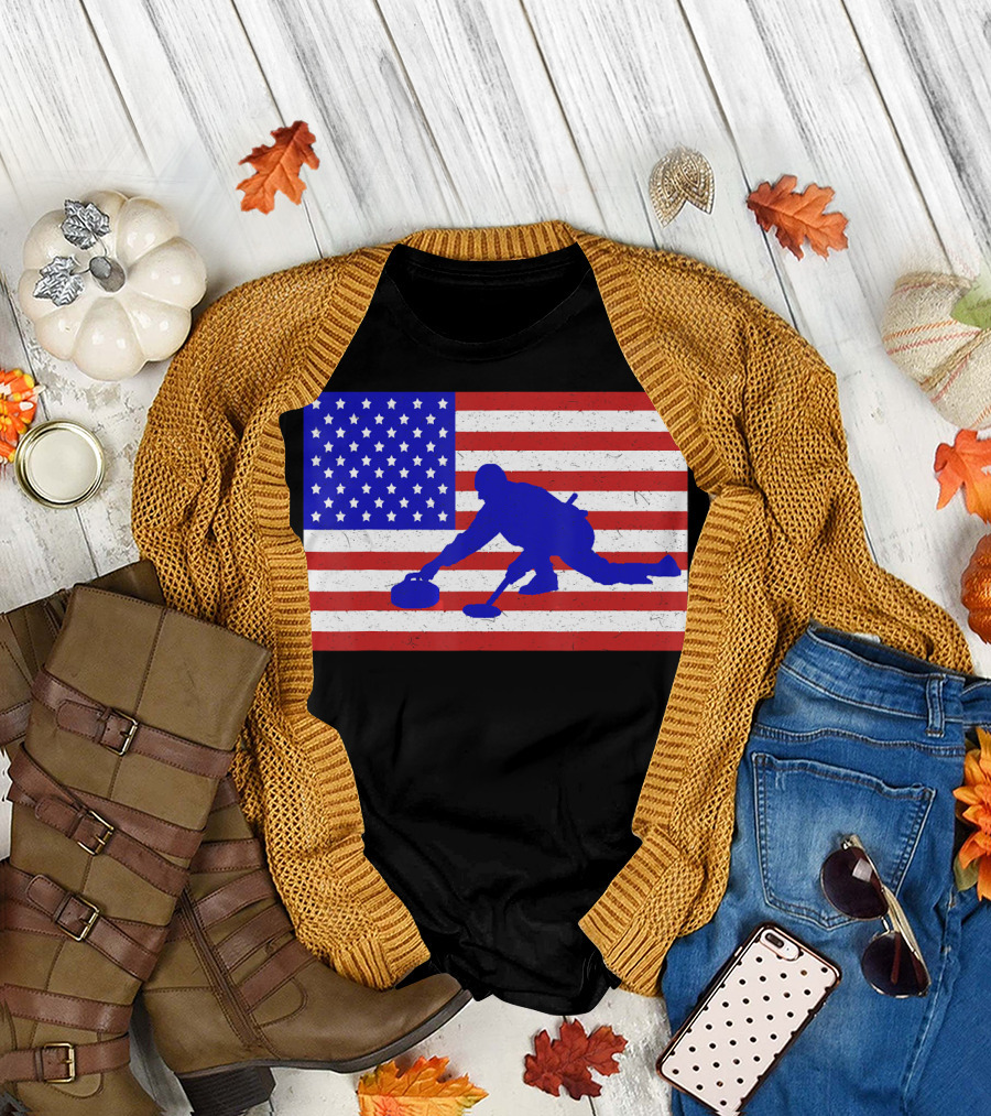 USA Flag American Curler Winter Sport T-Shirt