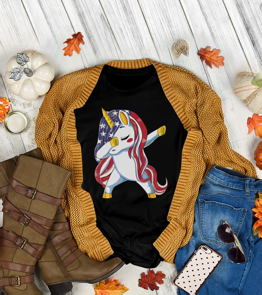 Dabbing Unicorn with USA Flag Mane and Tail T-Shirt