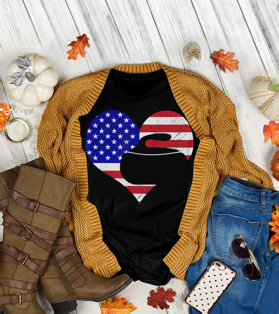 USA Flag Heart Curling Love T-Shirt