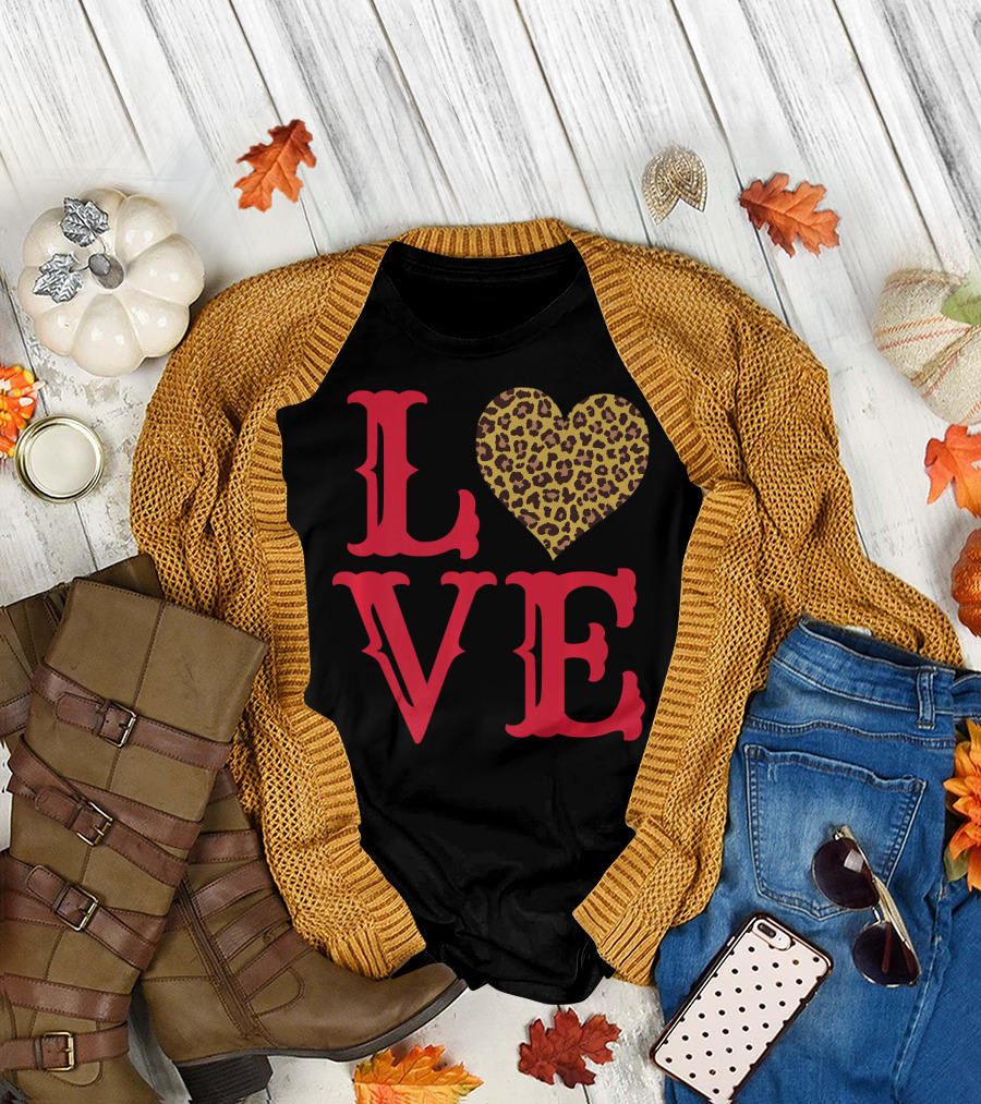 Valentines Day L O V E Leopard Print Heart T-Shirt