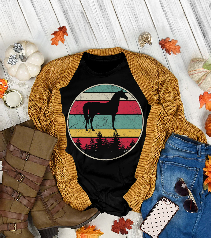 Vintage Retro Equestrian Horse Silhouette with Forest and Striped Circle T-Shirt