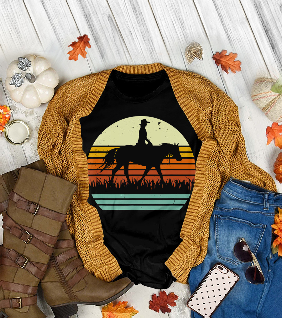 Retro Sunset Western Horse and Rider T-Shirt