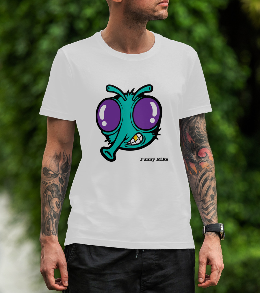 Funny Mike Alien Cartoon Face With Large Purple Eyes And Grinning Expression T-Shirt