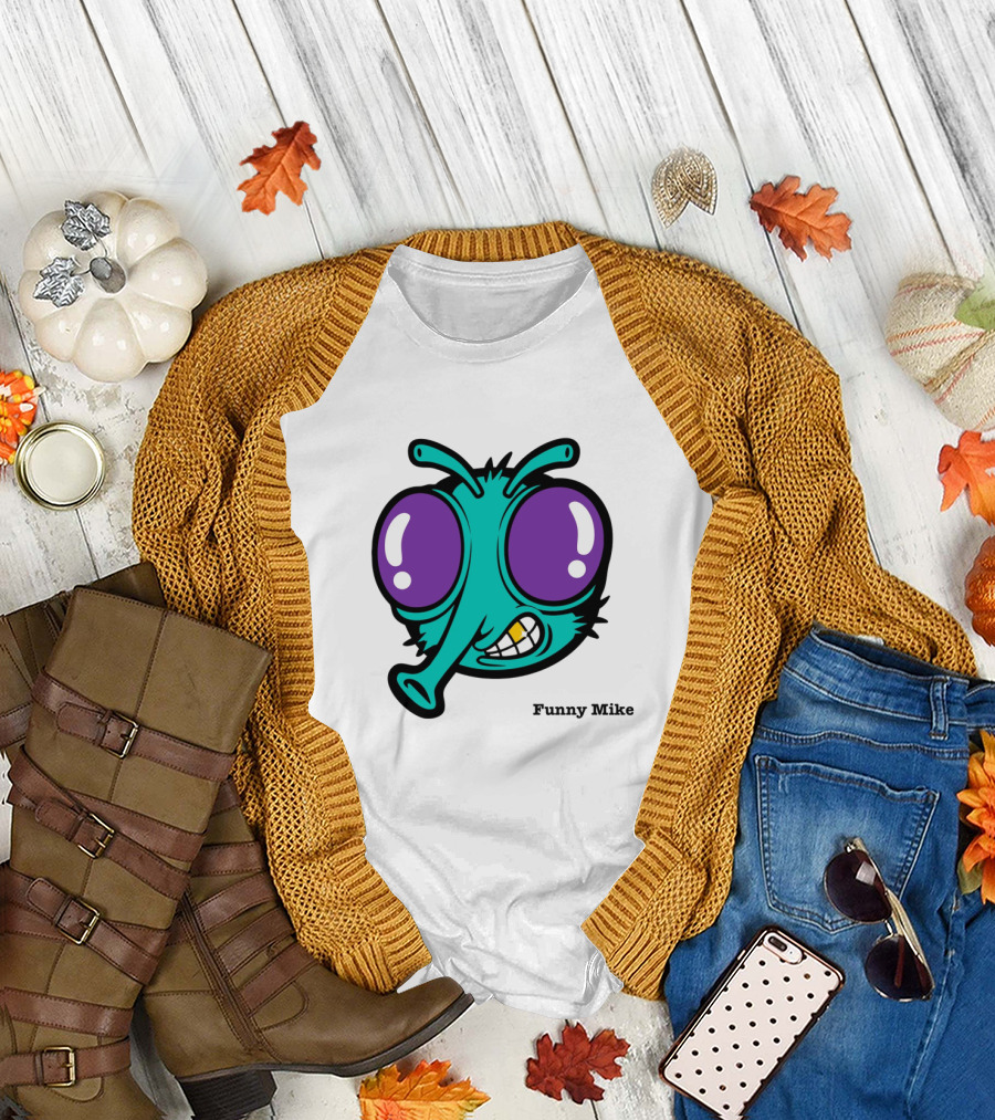 Funny Mike Alien Cartoon Face with Large Purple Eyes and Grinning Expression T-Shirt