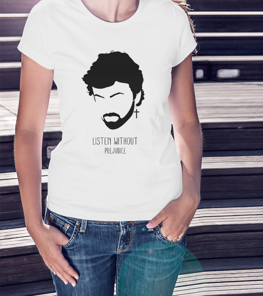 Listen Without Prejudice Graphic With Cross Earring T-Shirt