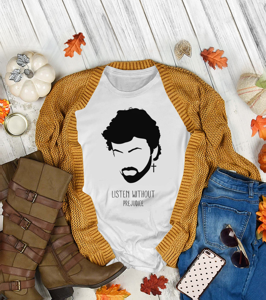 Listen Without Prejudice Graphic with Cross Earring T-Shirt