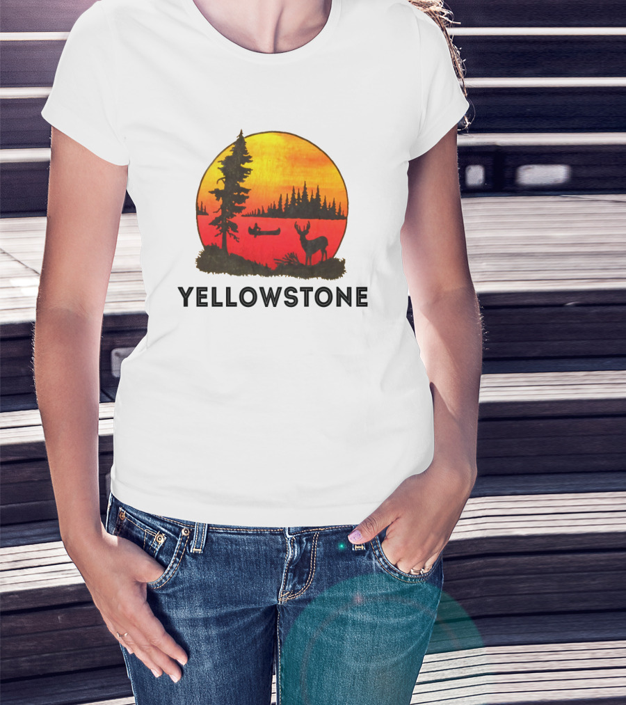 Yellowstone Sunset Scene With Canoe And Deer T-Shirt