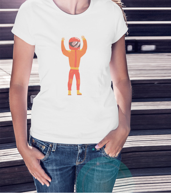 Man In An Orange Racing Suit With Helmet And Raised Arms T-Shirt