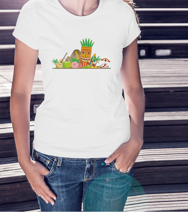Hawaiian Tiki Mask Surfboards And Ukulele Tropics T-Shirt