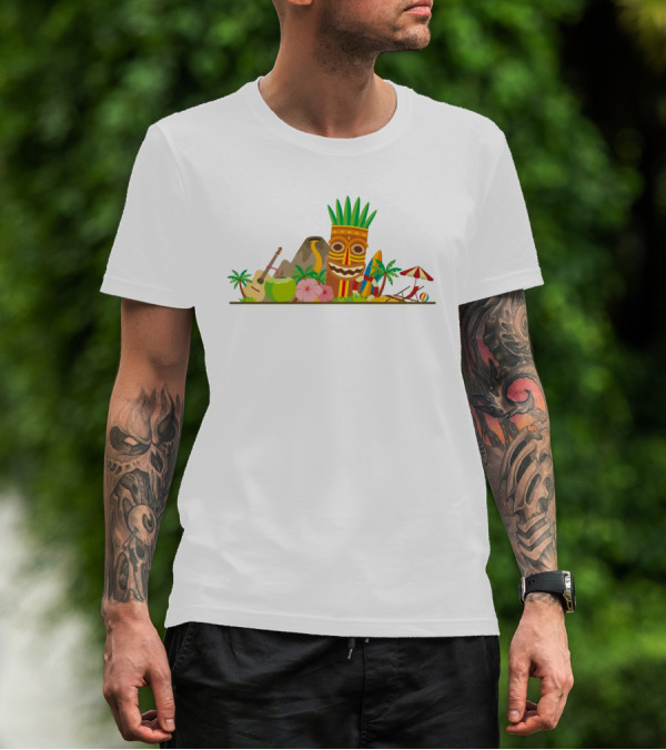 Hawaiian Tiki Mask Surfboards And Ukulele Tropics T-Shirt