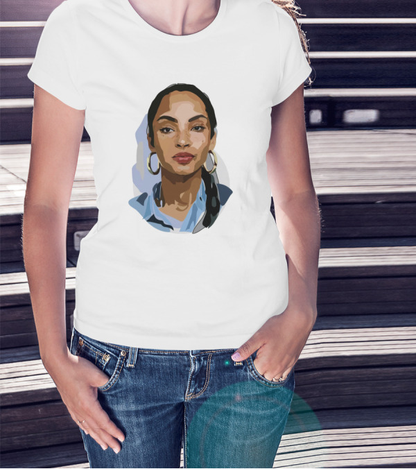 Sade Adu Portrait With Blue Shirt And Hoop Earrings T-Shirt