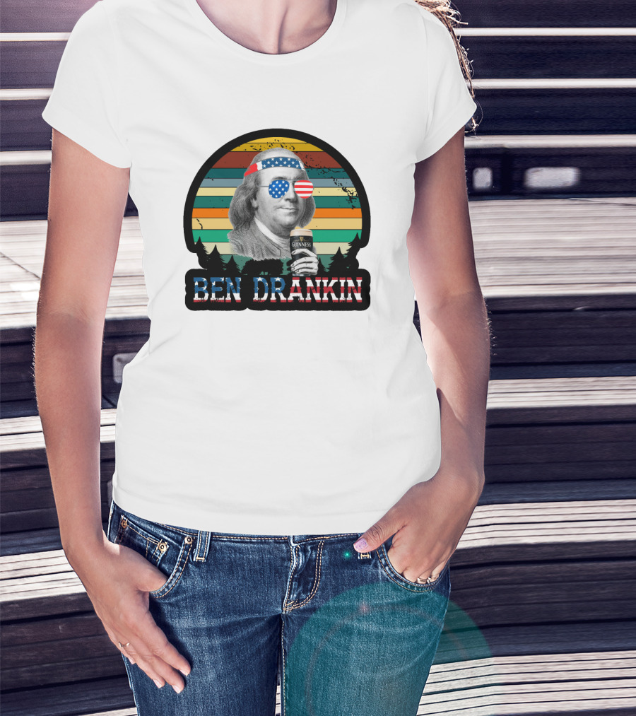 Ben Drankin American Patriotic Sunglasses Benjamin Franklin With Beer And Stripes T-Shirt