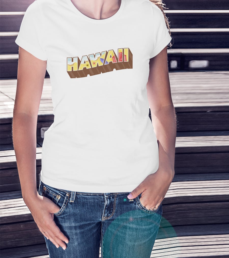 Hawaii Tropical Beach Icons With Surfer And Hibiscus T-Shirt