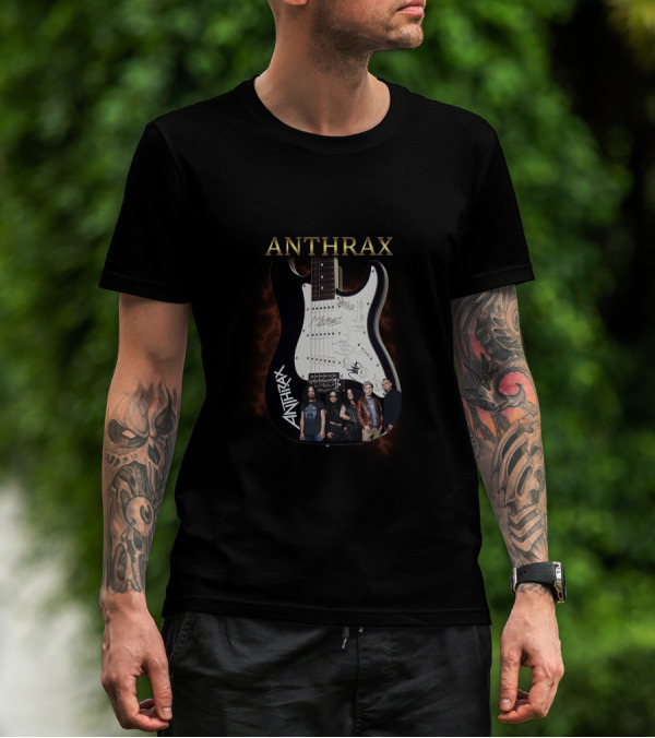 ANTHRAX Band Members Signatures On Electric Guitar T-Shirt